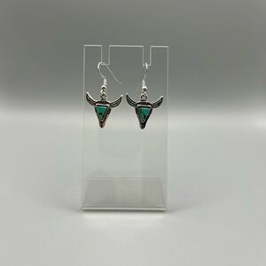 Silver and Green Bull Horn Earrings - Handmade E0136C